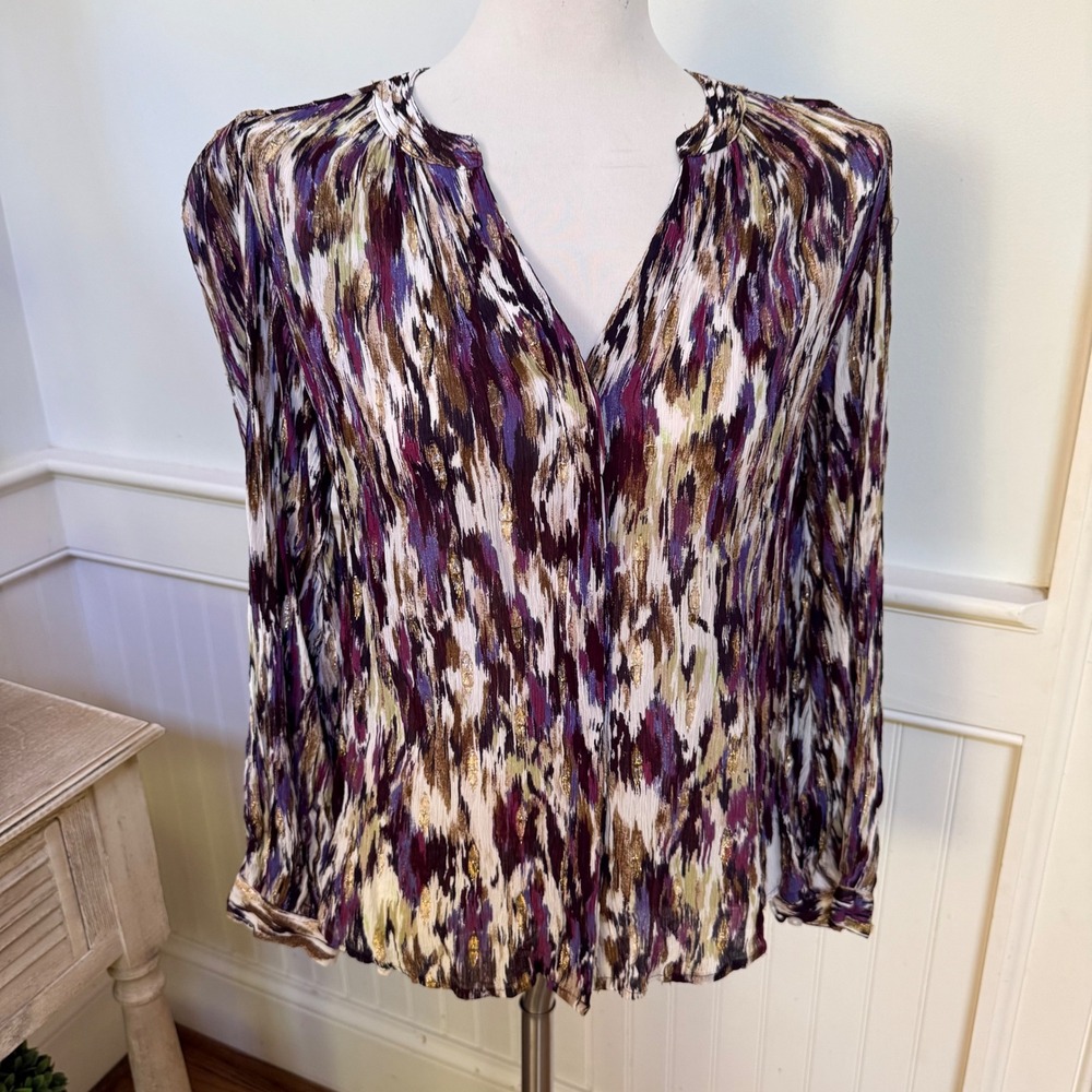 Chicos Purple Gold Metallic Ikat Split Neck Blouse Top Size 0.5 Small Medium